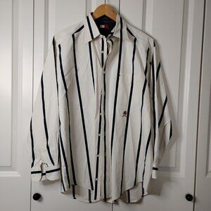 Tommy Hilfiger Men's White Blue Striped Long Sleeve Button-Down Shirt Size M